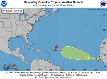 El Centro Nacional de Huracanes (NHC) proyecta que Gabrielle se intensificará hasta convertirse en huracán en las próximas 48 a 72 horas