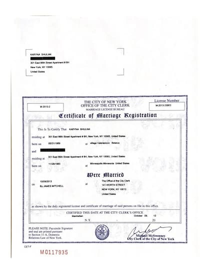 El certificado de matrimonio de Shuliak