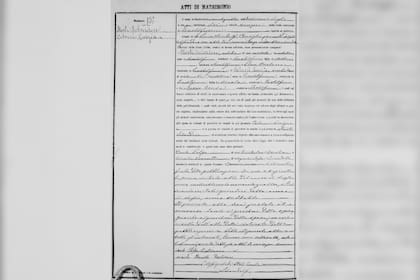 El certificado de matrimonio de Salvadore Storti y Luigia Colucci; se casaron en Italia el 19 de julio de 1894