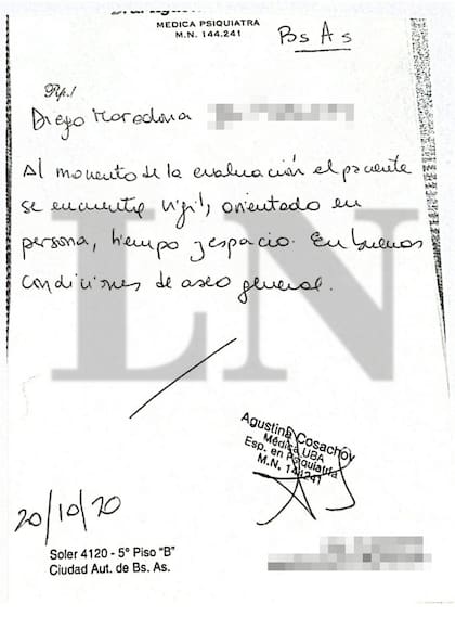 El certificado que hizo la psiquiatra de Maradona por el que fue imputada por falsedad ideológica
