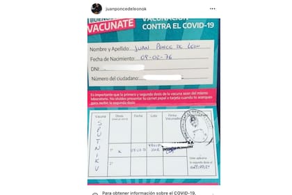 El certificado que Juan Ponce de León subió a las redes sociales luego de haber recibido la primera dosis de la vacuna Sputnik V