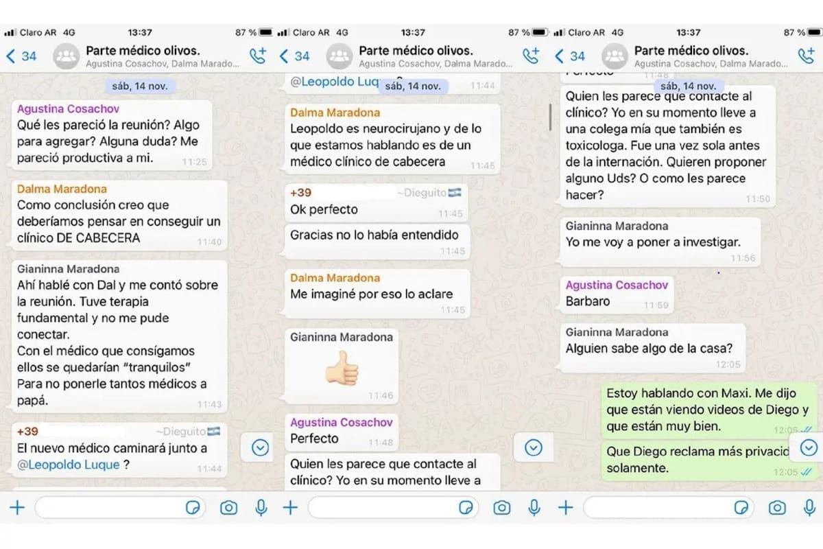 El chat entre el neurocirujano Leopoldo Luque, la psiquiatra Agustina Cosachov y cuatro de los cinco hijos de Maradona en el que evalúan las necesidades para el cuidadpo del Diez en su convalecencia en el barrio privado San Andrés, de Tigre, donde murió