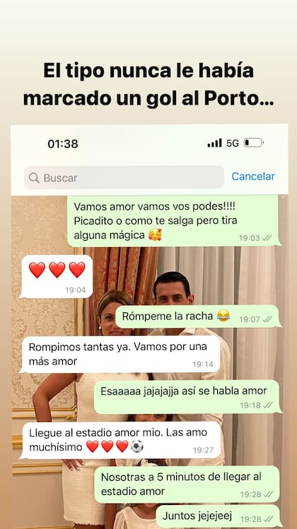 El chat entre Jorgelina Cardoso y Ángel Di Maria en la previa a la Supercopa de Portugal