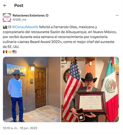 El chef Fernando Olea recibió el reconocimiento por trayectoria culinaria James Beard Award en 2022. Foto: SRE