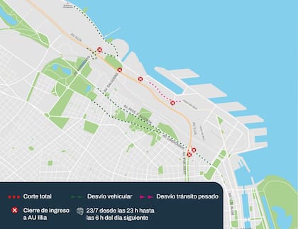 El cierre afectará la autopista Illia, la avenida Cantilo y el Paseo del Bajo en sentido norte entre las 23 de este jueves y las 6 del viernes; el tránsito será desviado por las avenidas Figueroa Alcorta y Del Libertador.