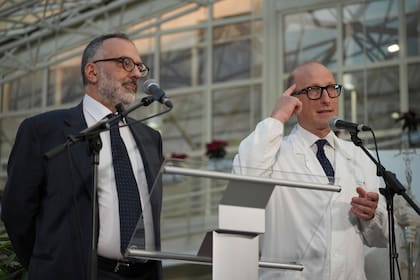 El cirujano Sergio Alfieri, derecha, y el médico personal del papa Francisco, Luigi Carboni, hablan con periodistas, el viernes 21 de febrero de 2025, en la entrada de la Policlínica Agostino Gemelli en Roma, donde el pontífice recibe tratamiento para su neumonía. (AP Foto/Alessandra Tarantino)