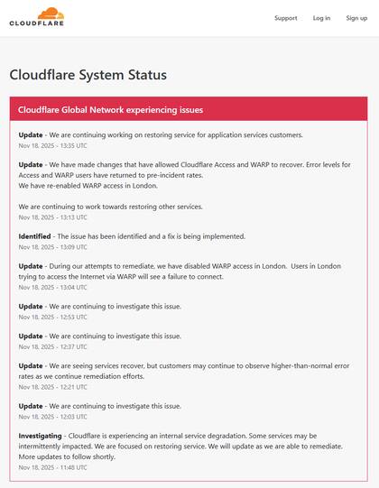 El Cloudflare System Status muestra la cronología de la investigación y resolución del problema