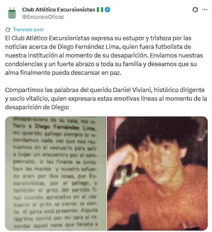 El Club Excursionistas, donde Diego Fernández Lima jugaba en las divisiones juveniles, expresó su pesar por la trágica noticia (X: @ExcursioOficial)