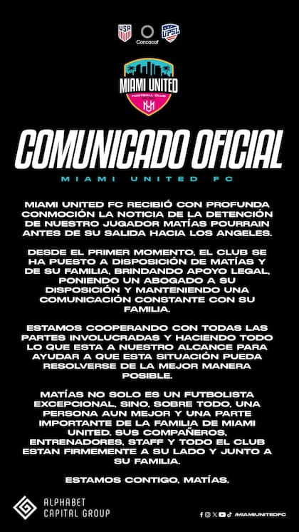 El club Miami United FC expresó su apoyo al futbolista argentino de su plantel, Matías Pourrain, tras el arresto del ICE