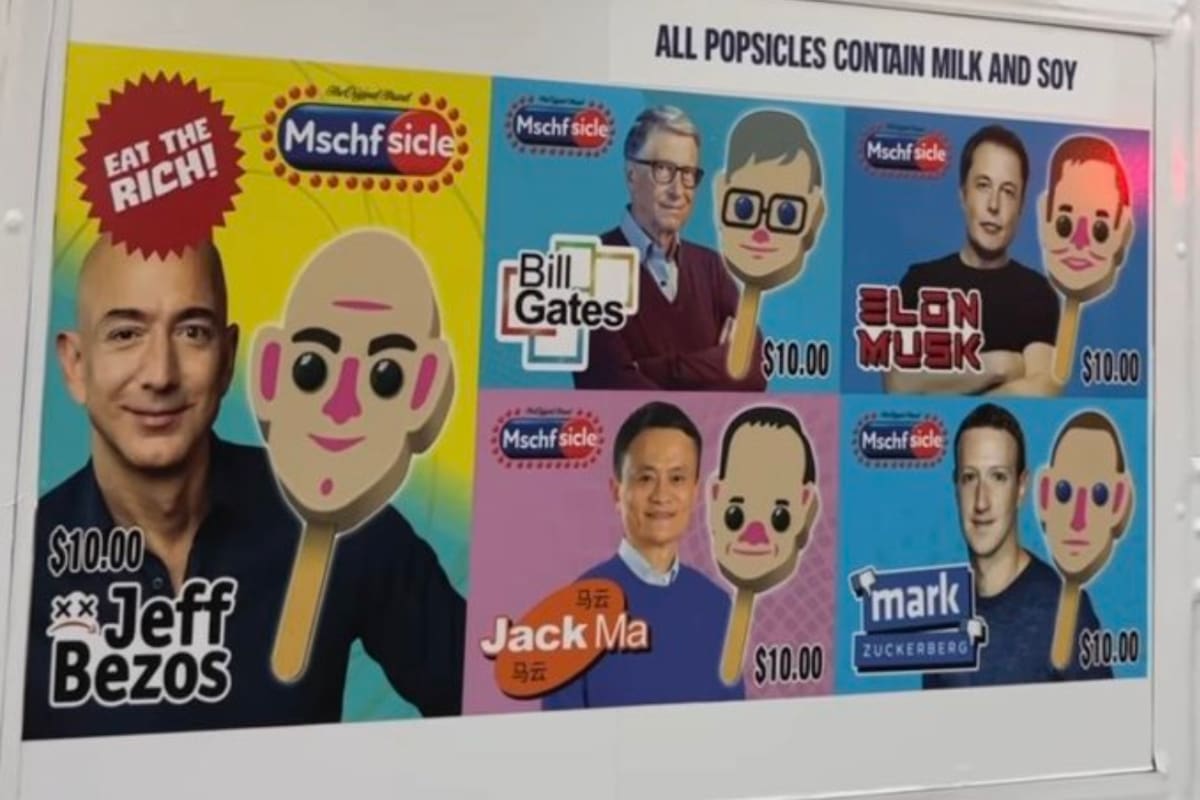 El colectivo MSCHF hizo realidad la frase "eat the rich" con la venta de paletas heladas con la cara de los hombres más ricos del mundo