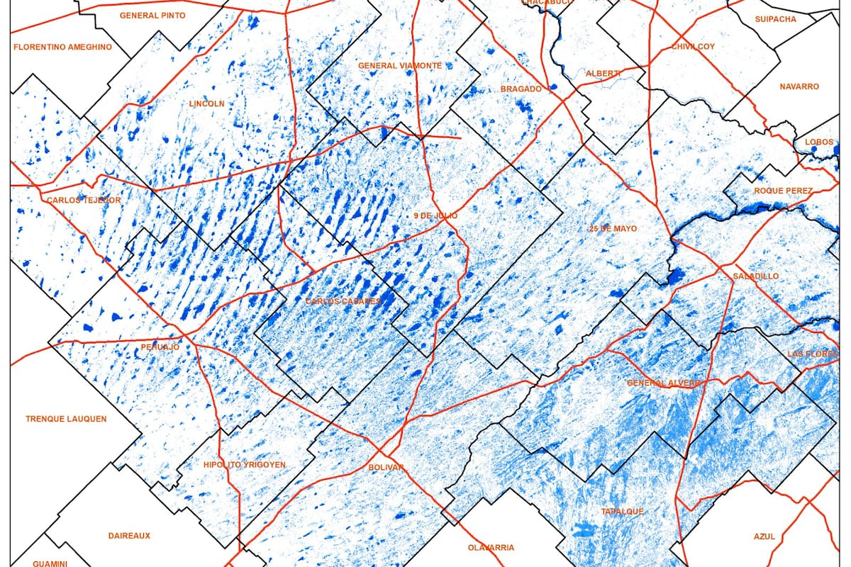 El color azul muestra el avance del agua en los distintos partidos del centro oeste bonaerense