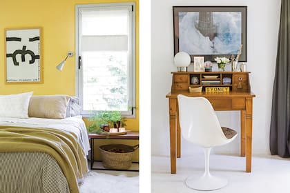 El color de las paredes es el ‘Mango’ de Colorín Colores de Living., un tono que le sigue fascinando. "Como regalo para mis 35, me mandé a hacer este secretaire. Siempre había soñado con tener uno".