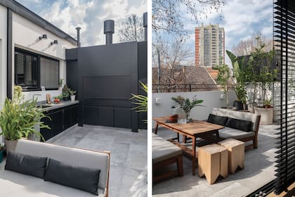 El color y la materialidad de la parrilla se suavizan al encontrarse con el piso de porcelanato La Roche ‘Grey Strutturato’ (SBG).
