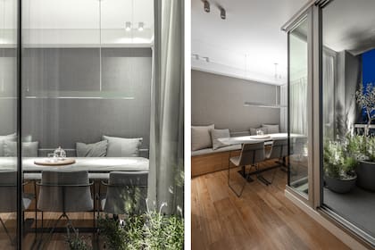 El comedor tiene vista completa al balcón y parcial al living. Sillas ‘Horqueta’ (Federico Churba) tapizadas en lino ‘Amberes’ (Zanav). Pared entelada en rafia.