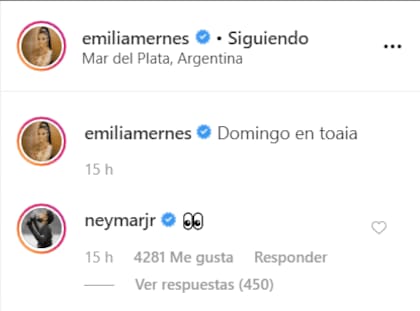 Los guiños entre Neymar y Emilia Mernes. Crédito: Instagram