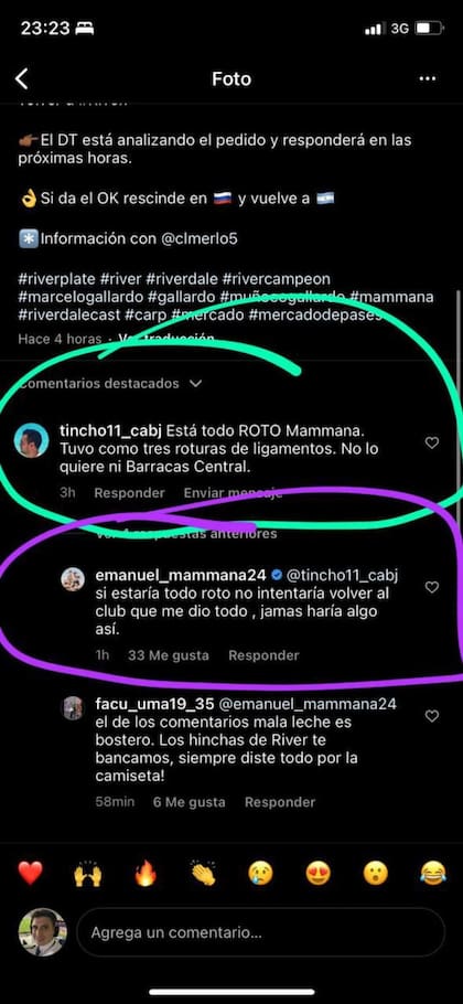 El comentario de un usuario y la respuesta de Mammana: todo fue ocultado posteriormente por el autor de la publicación