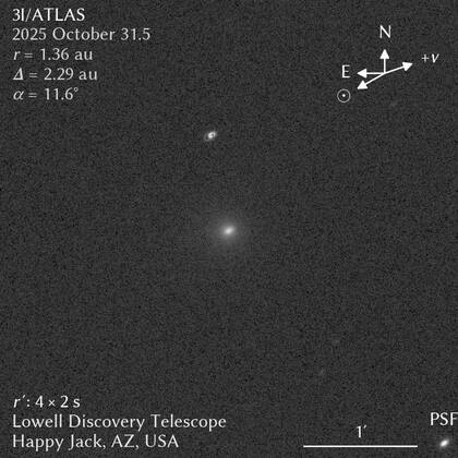 El cometa 3I/ATLAS se dirige hacia la Tierra a una velocidad de 61 kilómetros por segundo; imagen tomada desde el telescopio Discovery del Observatorio Lowell