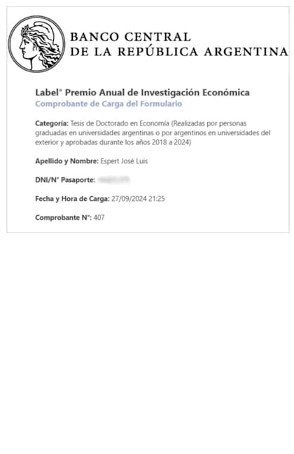 El comprobante de la presentación de Espert, realizada el 27/09