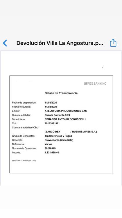 El comprobante de transferencia bancaria que la productora reintegró a la Municipalidad de Villa La Angostura