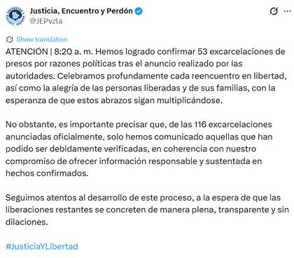 El comunciado de la organización Justicia, Encuentro y Perdón en X (Fuente: @JEPvzla)