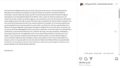 El comunicado compartido por Sofía Pachi en su cuenta de Instagram