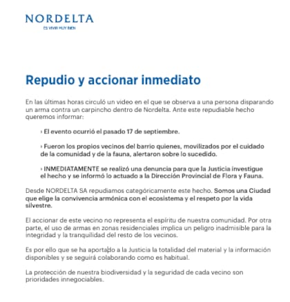El comunicado completo de Nordelta