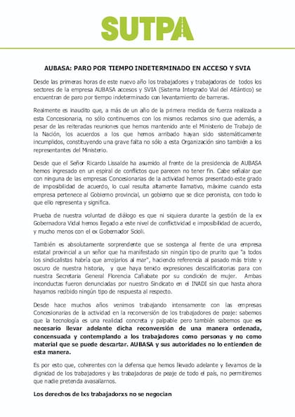 El comunicado completo de SUTPA