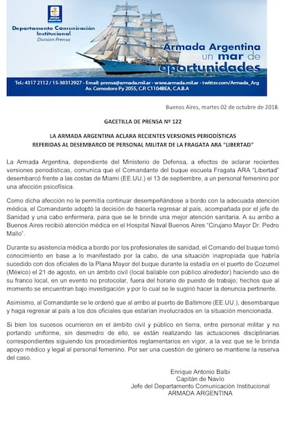 El comunicado completo de la Armada