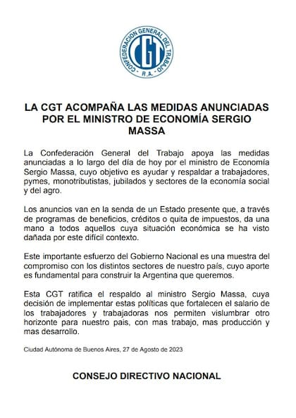 El comunicado completo de la CGT