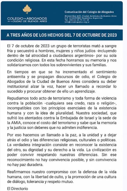 El comunicado completo del Colegio de Abogados de la Ciudad