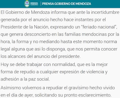 El comunicado completo del Gobierno de Mendoza respecto al feriado de hoy