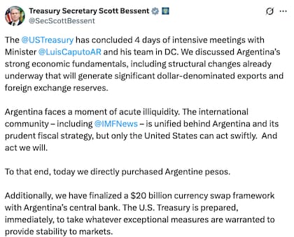 El comunicado completo fue difundido a través de la cuenta oficial del funcionario (Fuente: X, @SecScottBessent)