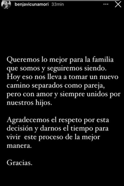 El comunicado con el que anunció la ruptura a través de su cuenta de Instagram. “No hay enojos, ni terceros en el medio. Pero se les hace muy difícil congeniar sus tiempos y agendas”, contaron desde su círculo íntimo a ¡HOLA! Argentina