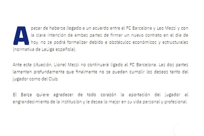 El comunicado con el que Barcelona anunció la salida de Lionel Messi.