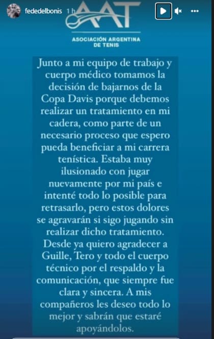El comunicado con el que Delbonis anunció su baja