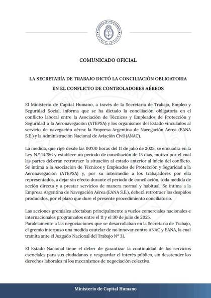 El comunicado con el que el Gobierno anunció la conciliación obligatoria