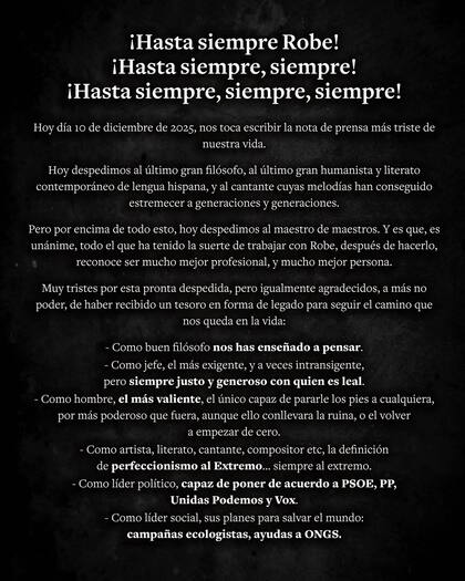 El comunicado con el que se informó la muerte de Robe Iniesta