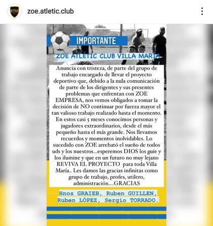 El comunicado con el que Zoe Atletic Club oficializó el cese de sus actividades