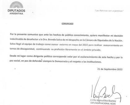 El comunicado con la firma de la diputada nacional Karina Ethel Bachey