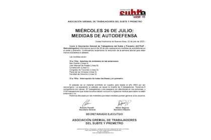 El comunicado dado a conocer por la La Asociación Gremial de Trabajadores del Subte y Premetro (AGTSyP)