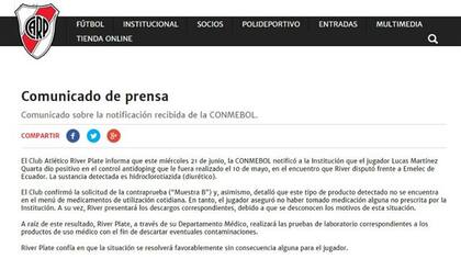 El comunicado de River