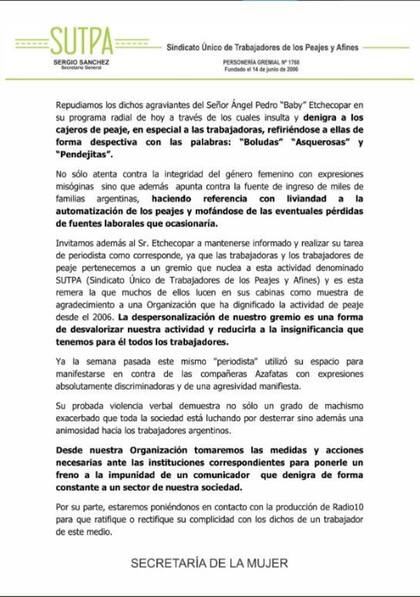 El comunicado de SUTPA