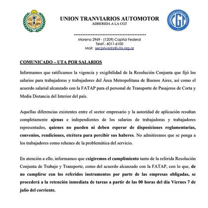 El comunicado de UTA