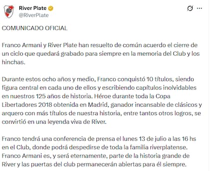 El comunicado de River