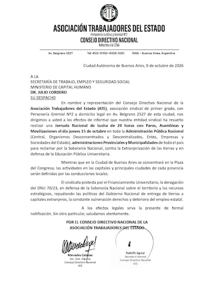 El comunicado de ATE