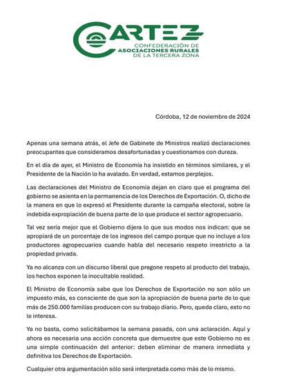 EL comunicado de Cartez