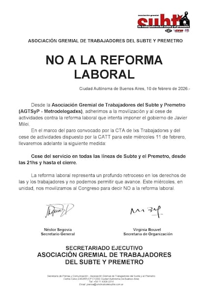 El comunicado de Metrodelegados