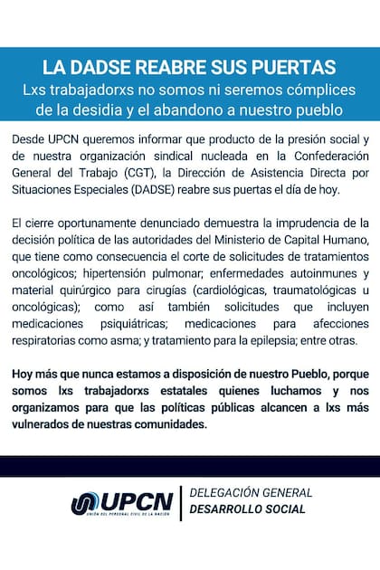 El comunicado de UPCN