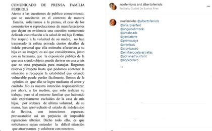 El comunicado de Alberto Ferriols sobre la denuncia en su contra (Foto: Captura Instagram/@noeferriolssandalbertoferriols)