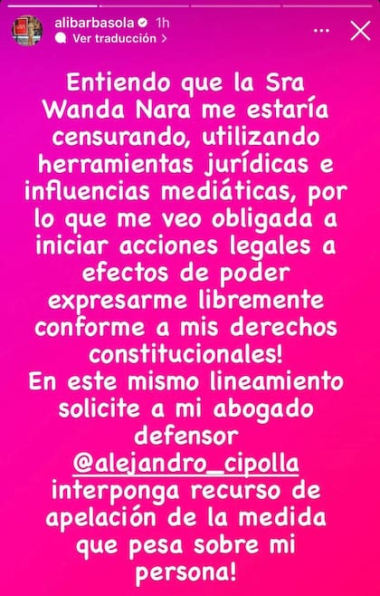El comunicado de Alicia Barbasola en donde apelará a la demanda de Wanda Nara